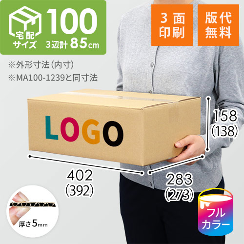 【ロゴ印刷・フルカラー・3面】宅配100サイズ 小箱ぴったり梱包用ダンボール箱［WBOX-02・4箱］（392×273×138mm）5mm A/F C120×C120